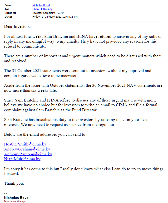 First investor update email dated 14 January 2022 from Nicholas Bovell regarding investor complaint to CIMA