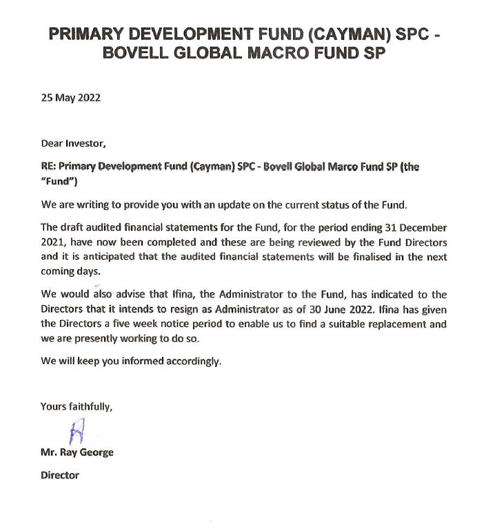 Letter to investors dated 25 May 2022 regarding the Bovell Global Macro Fund