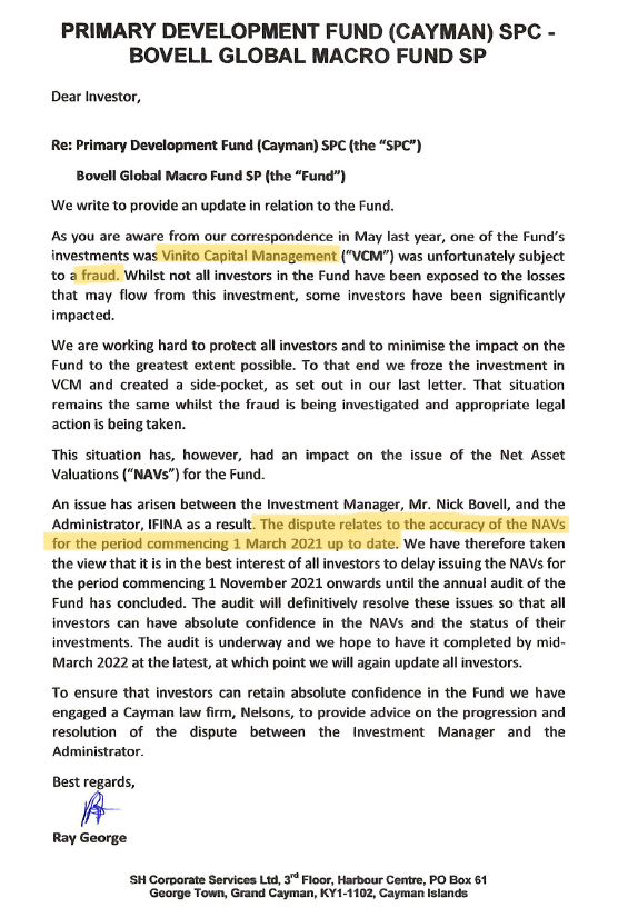 Letter to investors regarding the Bovell Global Macro Fund investigation